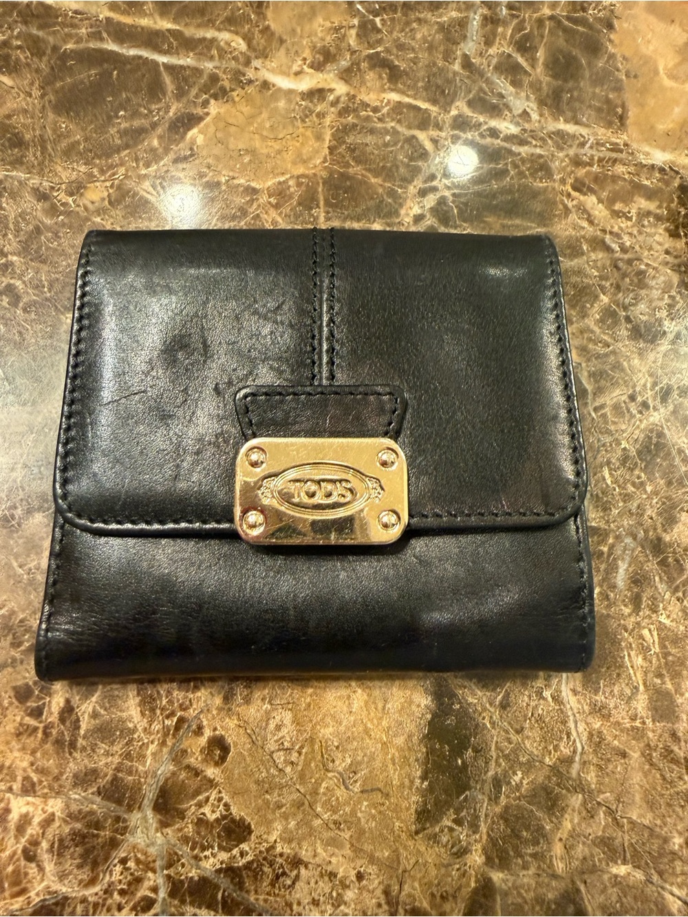 TOD’S Black Leather Compact Wallet with Silver Plaque